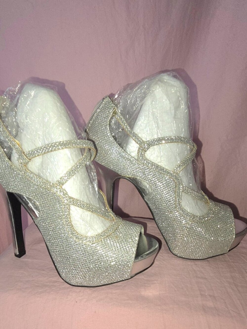Qupid Silver Glitter Platform Heels